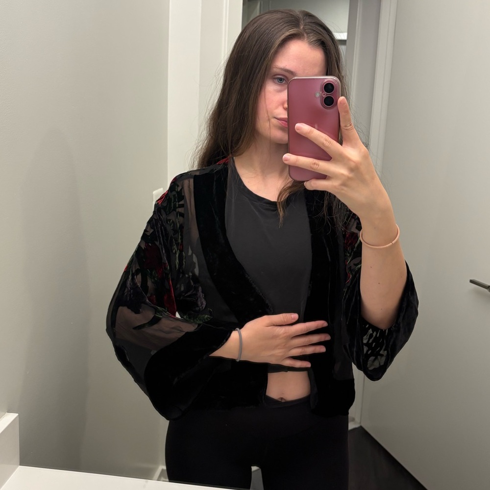 Vintage silk velvet sheer burnout flare sleeve open kimono small - Picture 12 of 12